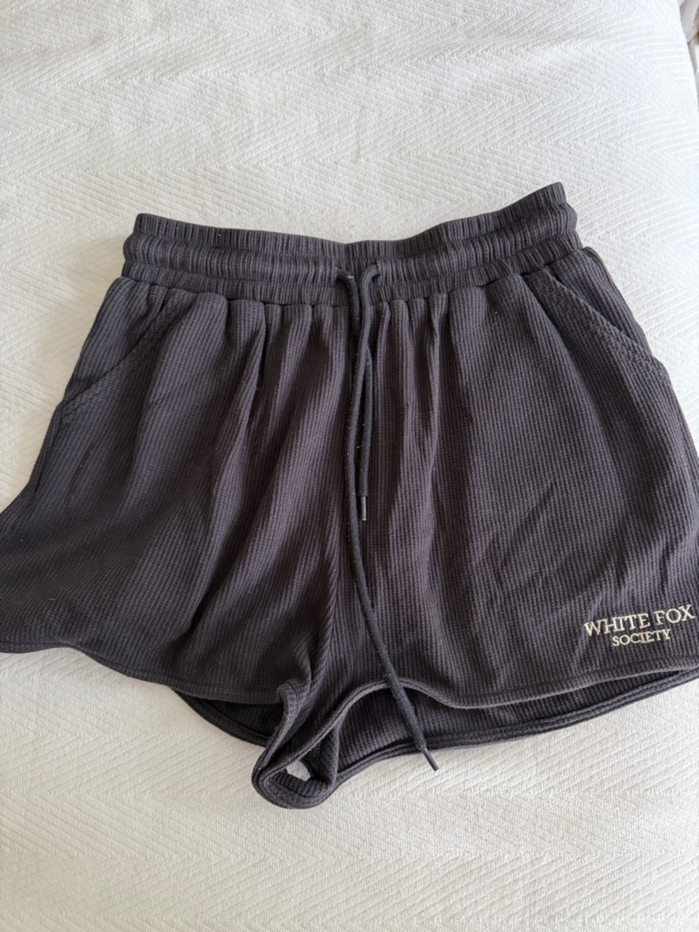 White Fox Boutique Black Waffle Knit Drawstring Athletic Shorts